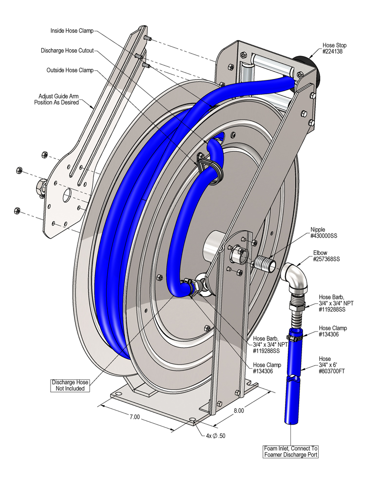 224178-A - Hose Reel, SS, For 3/4 x 50', 150 PSI, W/ 3/4 Jumper